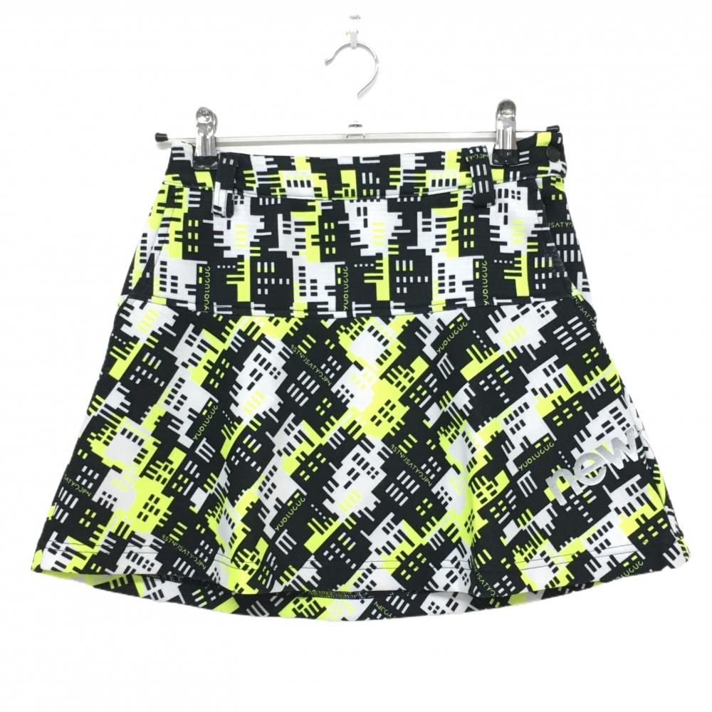 【美品】ニューバランスゴルフ スカート 白×黒×蛍光イエロー 総柄 ロゴプリント レディース 0(S) ゴルフウェア New Balance