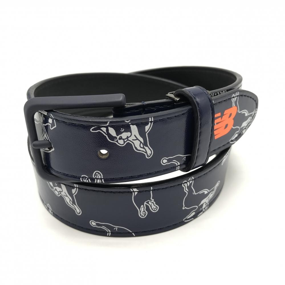 【美品】ニューバランスゴルフ ベルト ネイビー×白 総柄 ボストンテリア レディース  ゴルフウェア New Balance