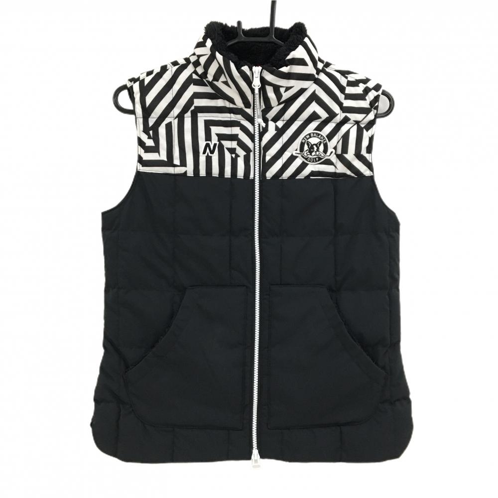 【美品】ニューバランスゴルフ 中綿ベスト 黒×白 上部柄 ロゴワッペン ネック付近裏地ボア レディース 1(M) ゴルフウェア New Balance