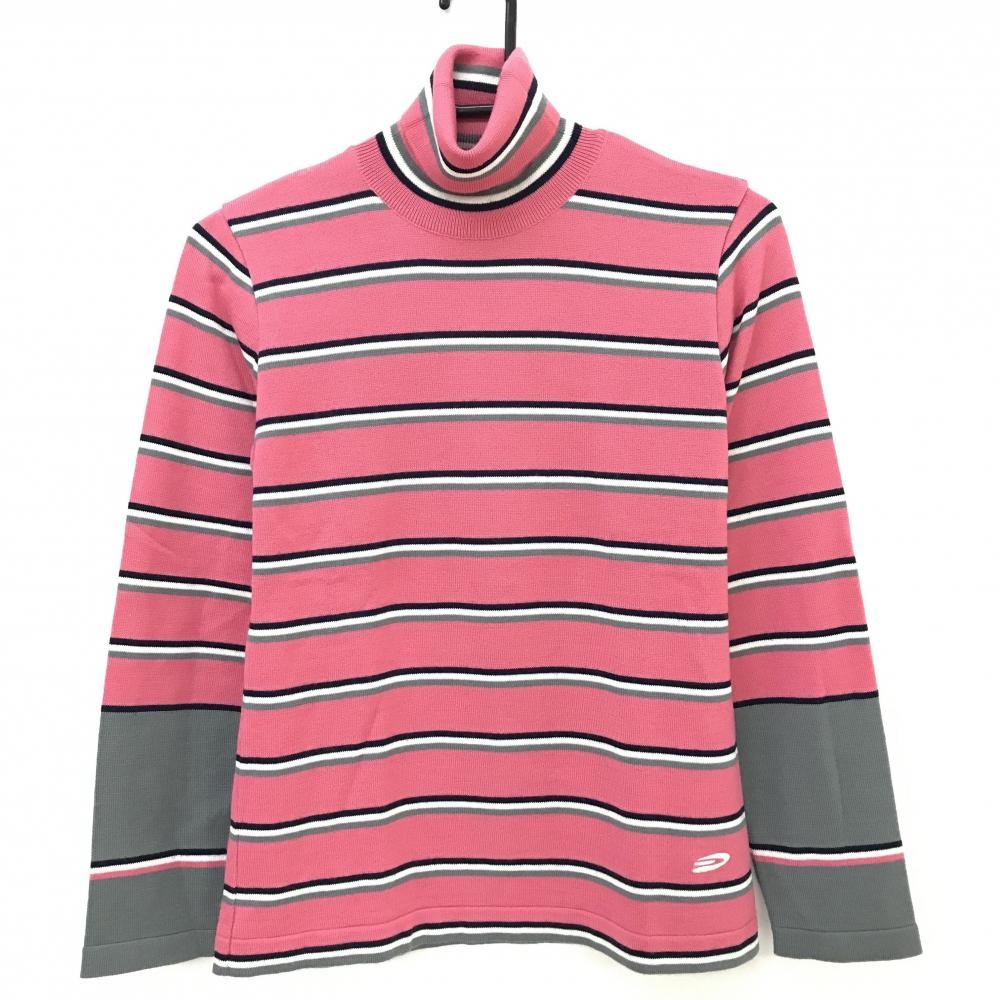 【超美品】パラディーゾ タートルネックセーター ピンク×白 ボーダー ニット ウール混 ハイネック レディース M ゴルフウェア Paradiso