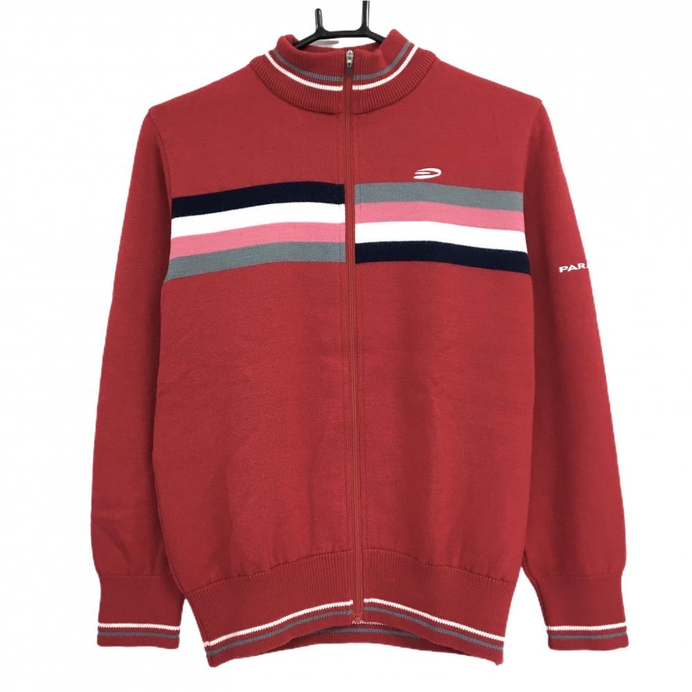 【超美品】パラディーゾ ニットジャケット レッド×白 一部ボーダー ウール混 裏微起毛 レディース M ゴルフウェア Paradiso