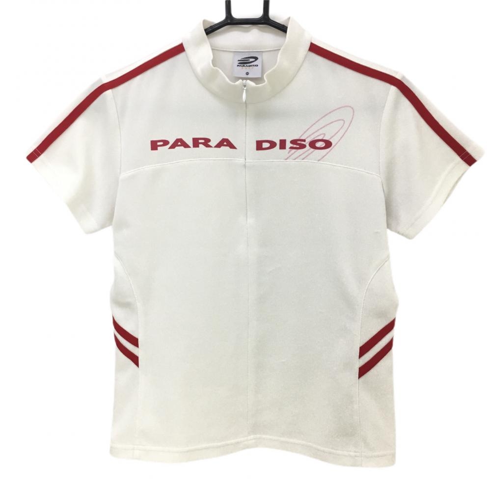 パラディーゾ 半袖ハイネックシャツ 白×レッド 袖ライン ロゴプリント ハーフジップ  レディース Ｍ ゴルフウェア Paradiso