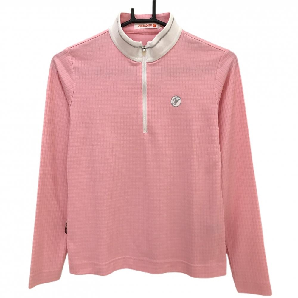 パラディーゾ 長袖ハイネックシャツ ピンク×白 ハーフジップ チェック織生地 刺しゅう ネックライン  レディース M ゴルフウェア Paradiso