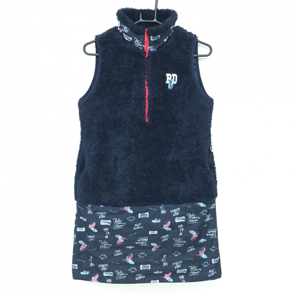 【美品】パラディーゾ ノースリーブ中綿ワンピース ネイビー ボア切替 ネック・スカート総柄 レディース L ゴルフウェア Paradiso