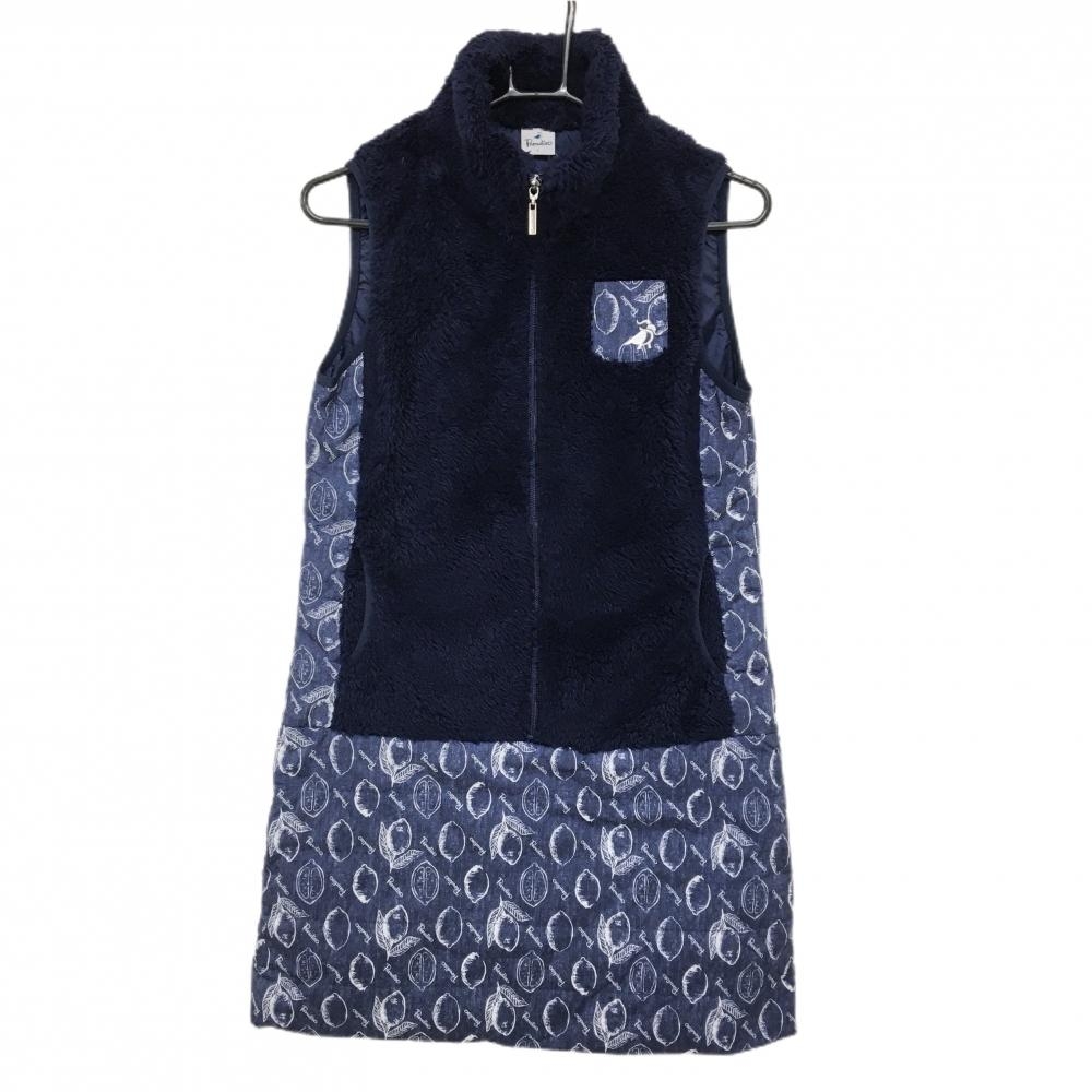 【美品】パラディーゾ 中綿ノースリーブワンピース ネイビー×白 果実柄 ボア切替  レディース L ゴルフウェア Paradiso