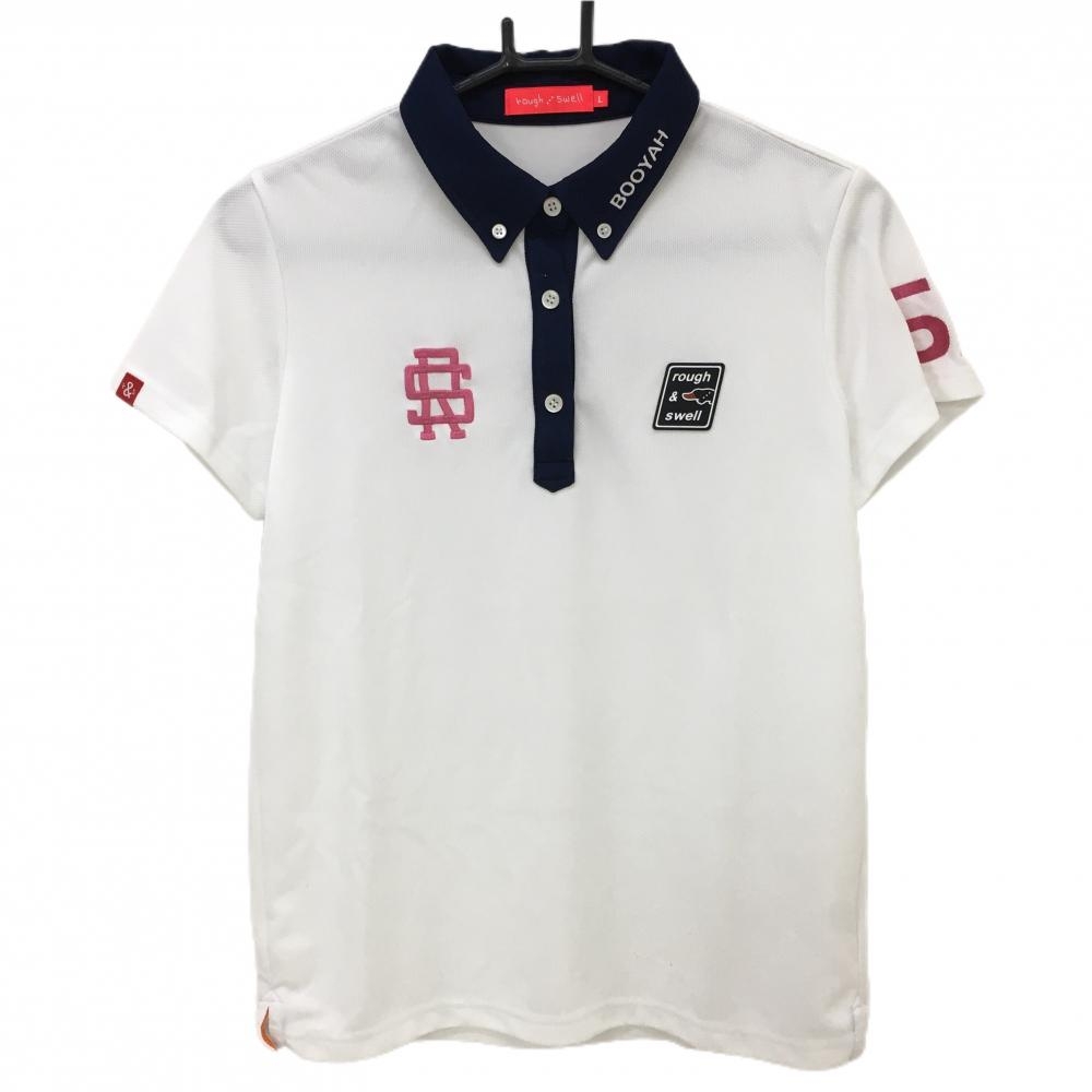 【美品】ラフアンドスウェル 半袖ポロシャツ 白×ネイビー シリコンロゴ ボタンダウン レディース L ゴルフウェア rough＆swell 画像