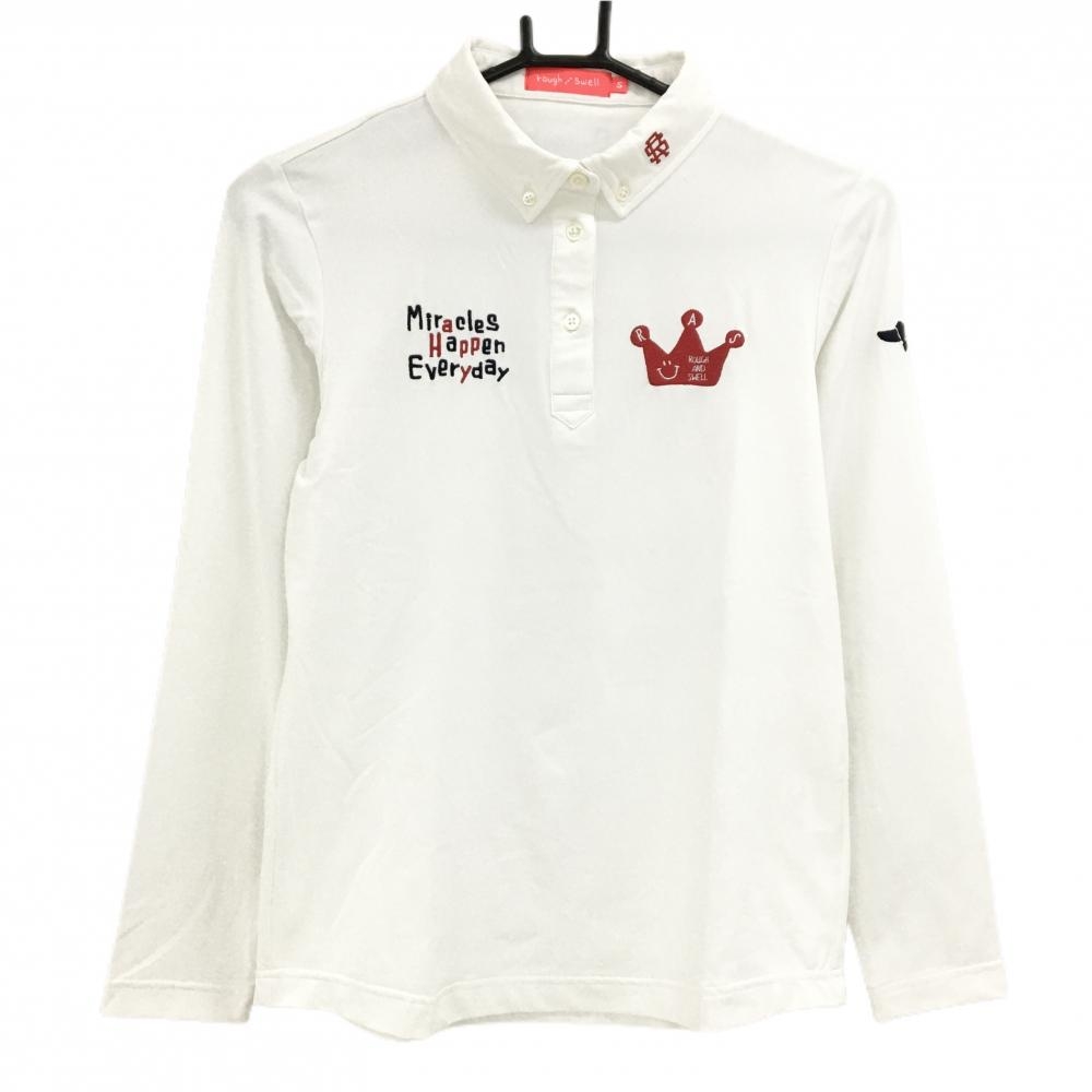 【美品】ラフアンドスウェル 長袖ポロシャツ 白×レッド ロゴ刺しゅう ボタンダウン  レディース S ゴルフウェア rough＆swell