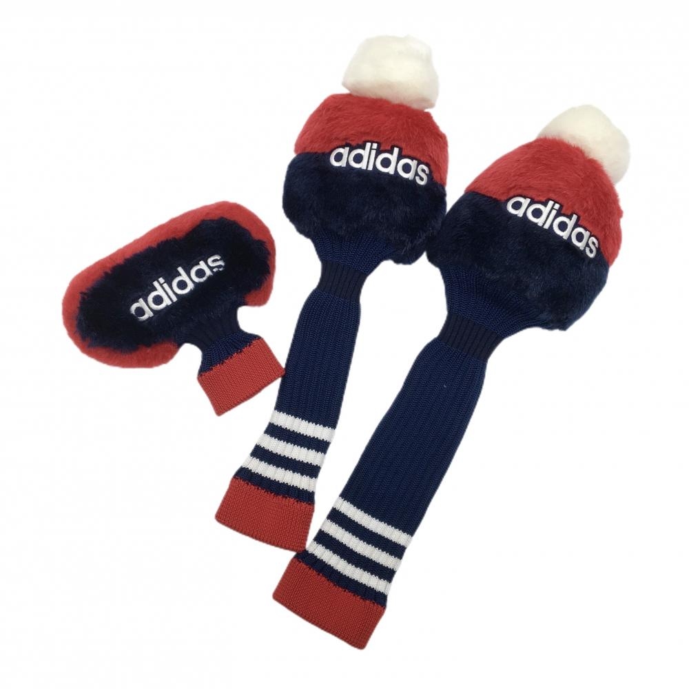 【超美品】アディダス ヘッドカバー3点セット(FW×2 PT) ネイビー×レッド ロゴ刺しゅうゴルフ adidas