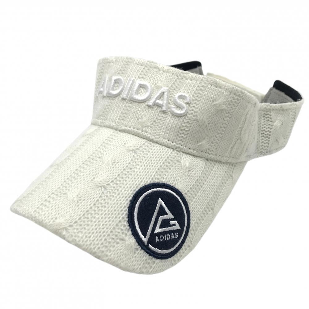 【美品】アディダス サンバイザー 白 ケーブル編み 立体ロゴ フリー(56-58cm)  ゴルフウェア adidas