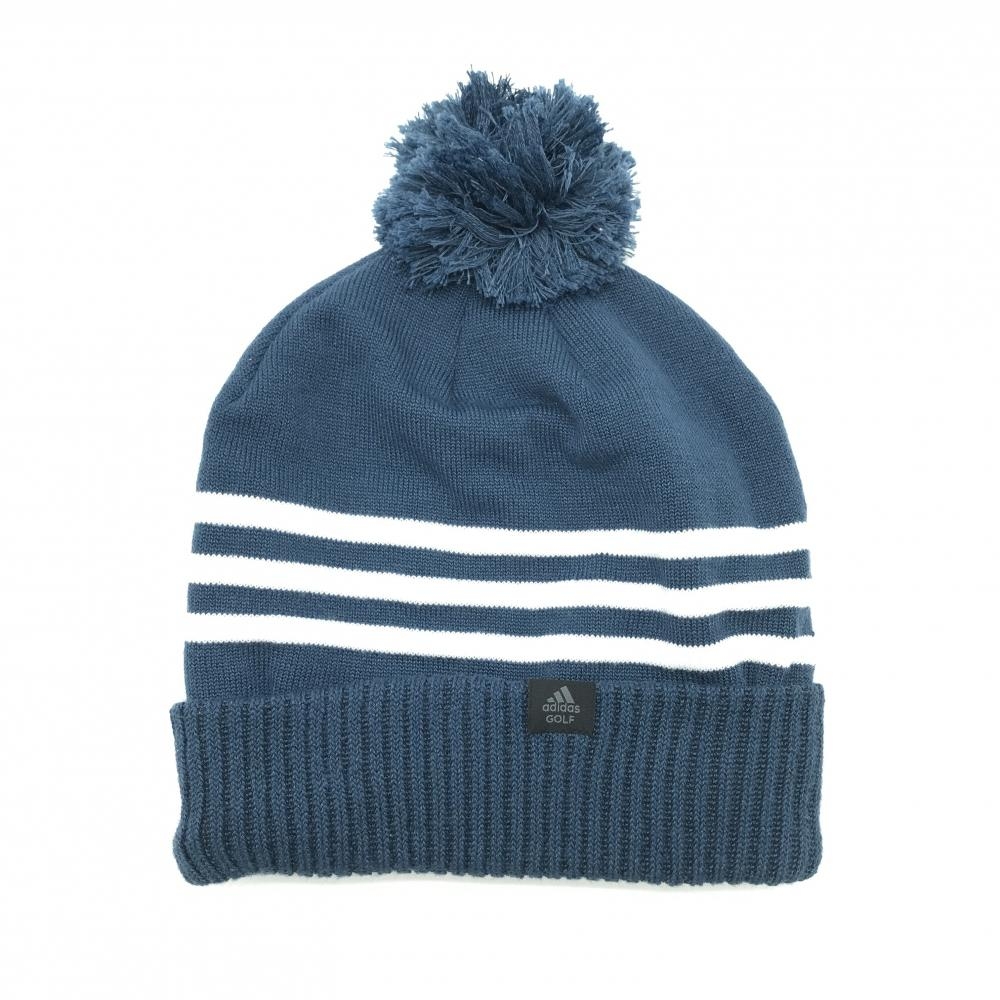 【美品】アディダス ニット帽 ネイビー×白 3ライン ポンポン付  OSFX(57-60cm)フリーサイズ  ゴルフウェア adidas