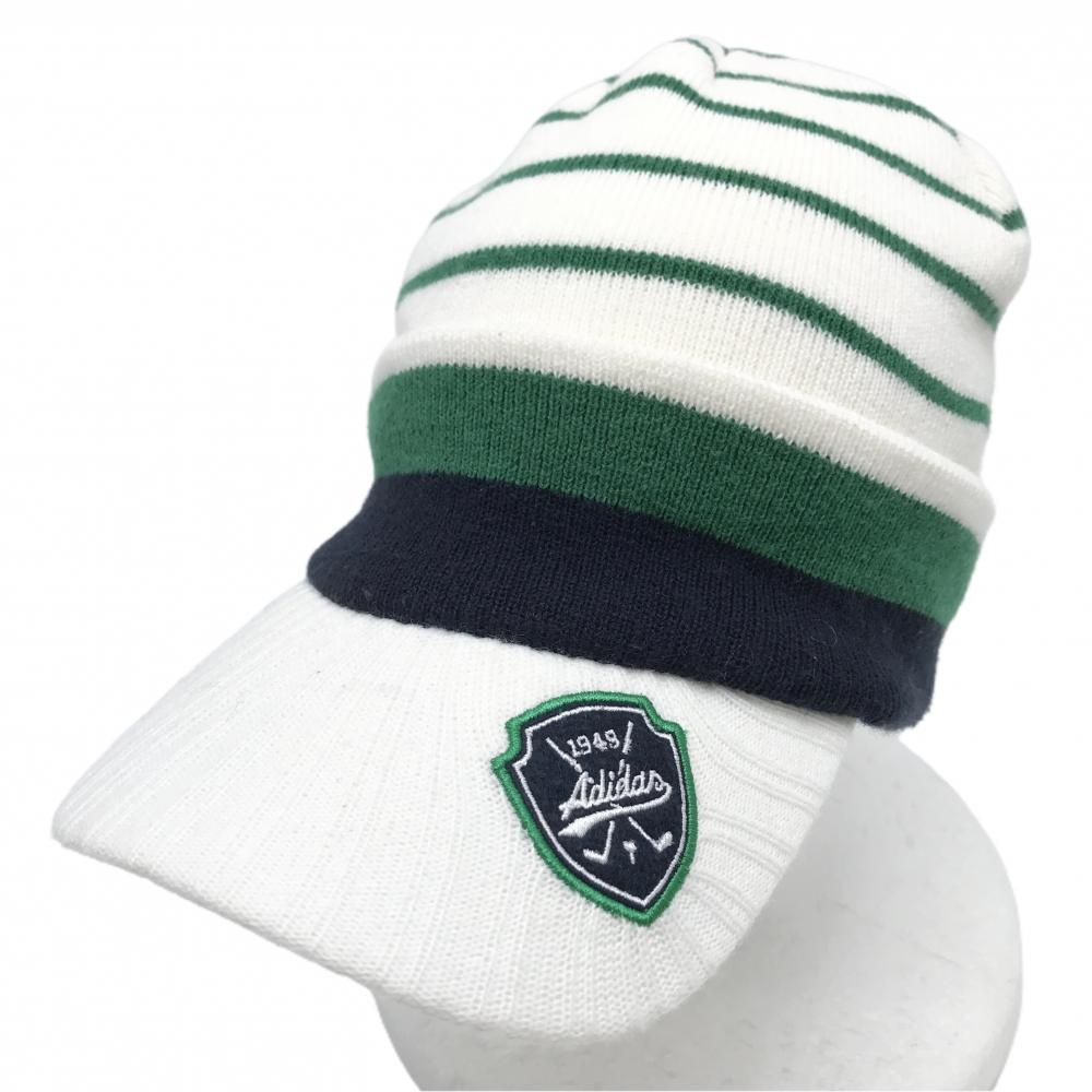 【美品】アディダス つば付きニット帽 白×グリーン クラウン部ボーダー アクリル100％ フリー(57-59cm)  ゴルフウェア adidas