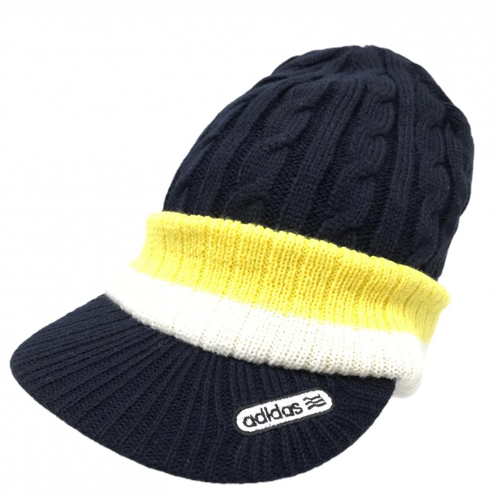 【超美品】アディダス つば付ニット帽 ネイビー×イエロー ケーブル編み フリー(56-58cm)  ゴルフウェア adidas