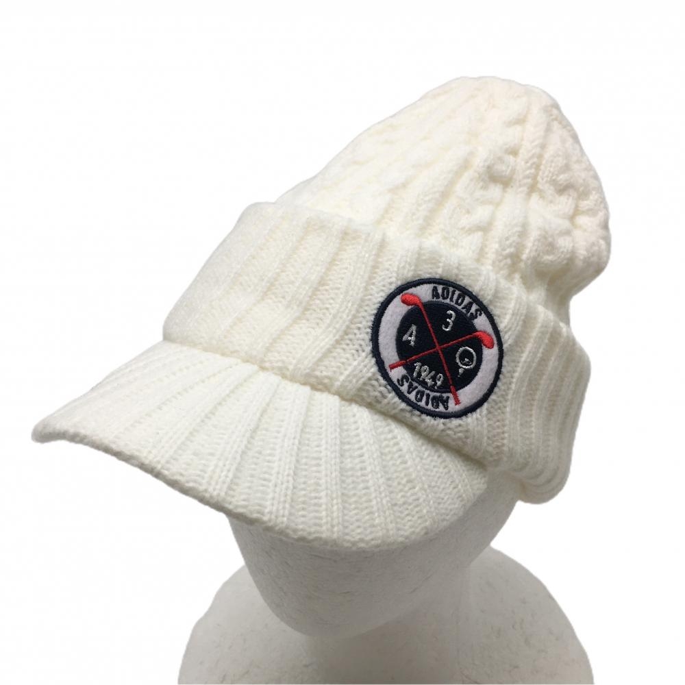 【美品】アディダス つば付ニット帽 白 ケーブル編み  フリー(56-58cm)  ゴルフウェア adidas