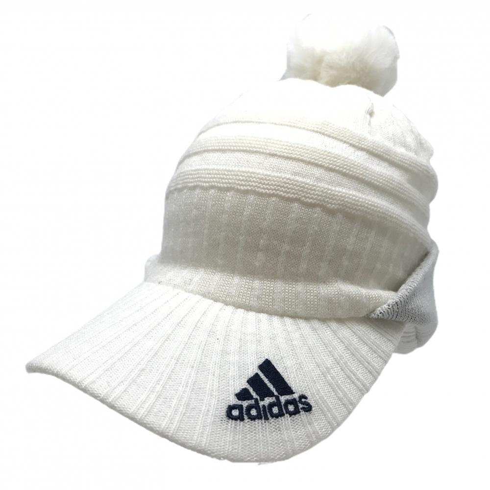 【美品】アディダス つば付きニット帽 白 織生地 ボンボン付  フリーサイズ  ゴルフウェア adidas