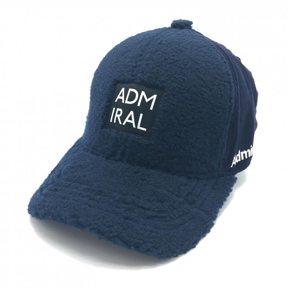 【超美品】アドミラル 異素材キャップ ダークネイビー×白 ボア コーデュロイ フロントロゴ フリー57cm   ゴルフウェア Admiral