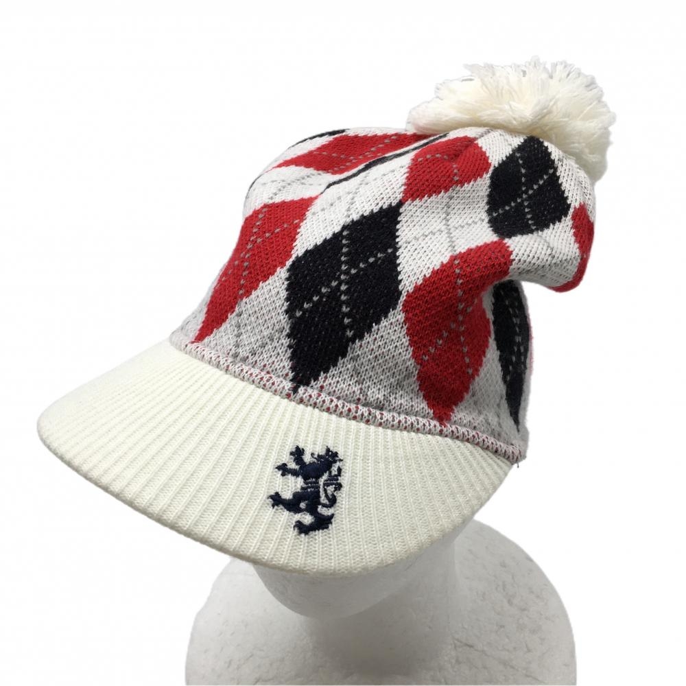 アドミラル つば付ニット帽 白×黒×レッド ボンボン付 FREE  ゴルフウェア Admiral