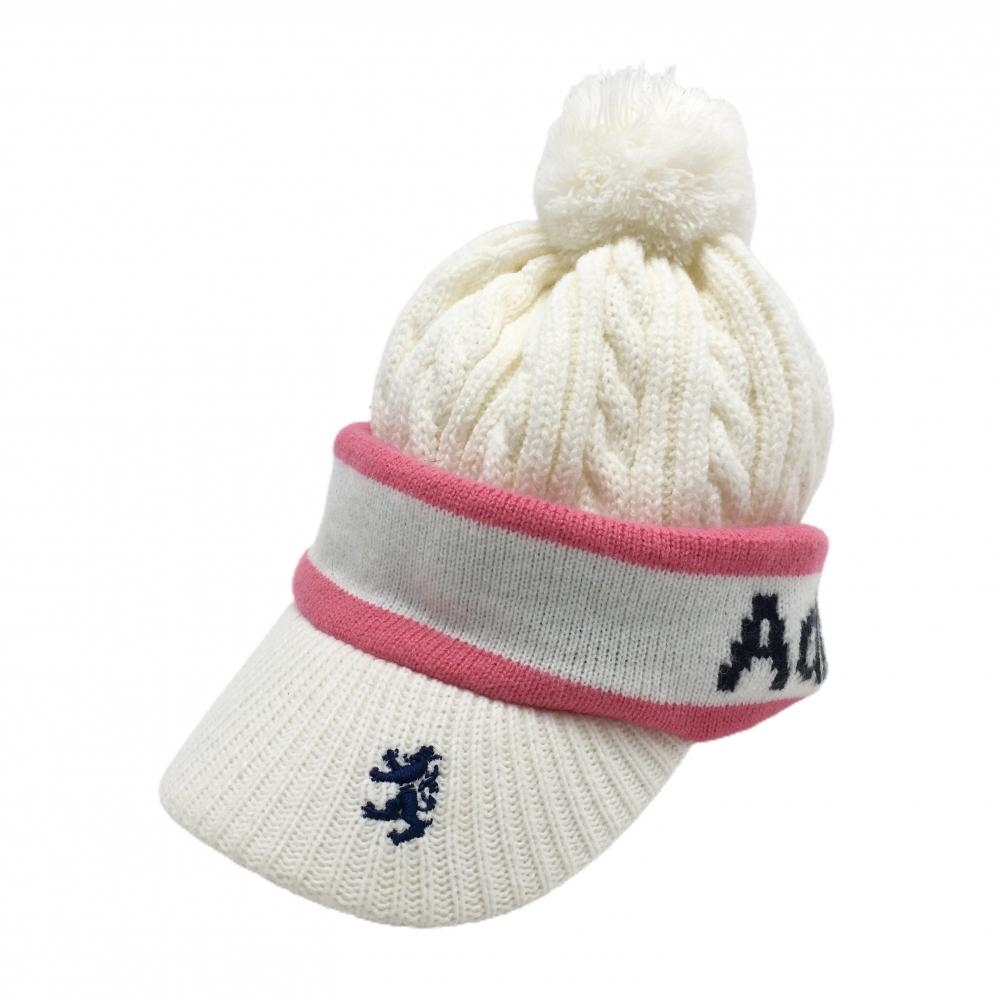 【美品】アドミラル つば付ニット帽 白×ピンク ケーブル編み ポンポン付 フリー  ゴルフウェア Admiral