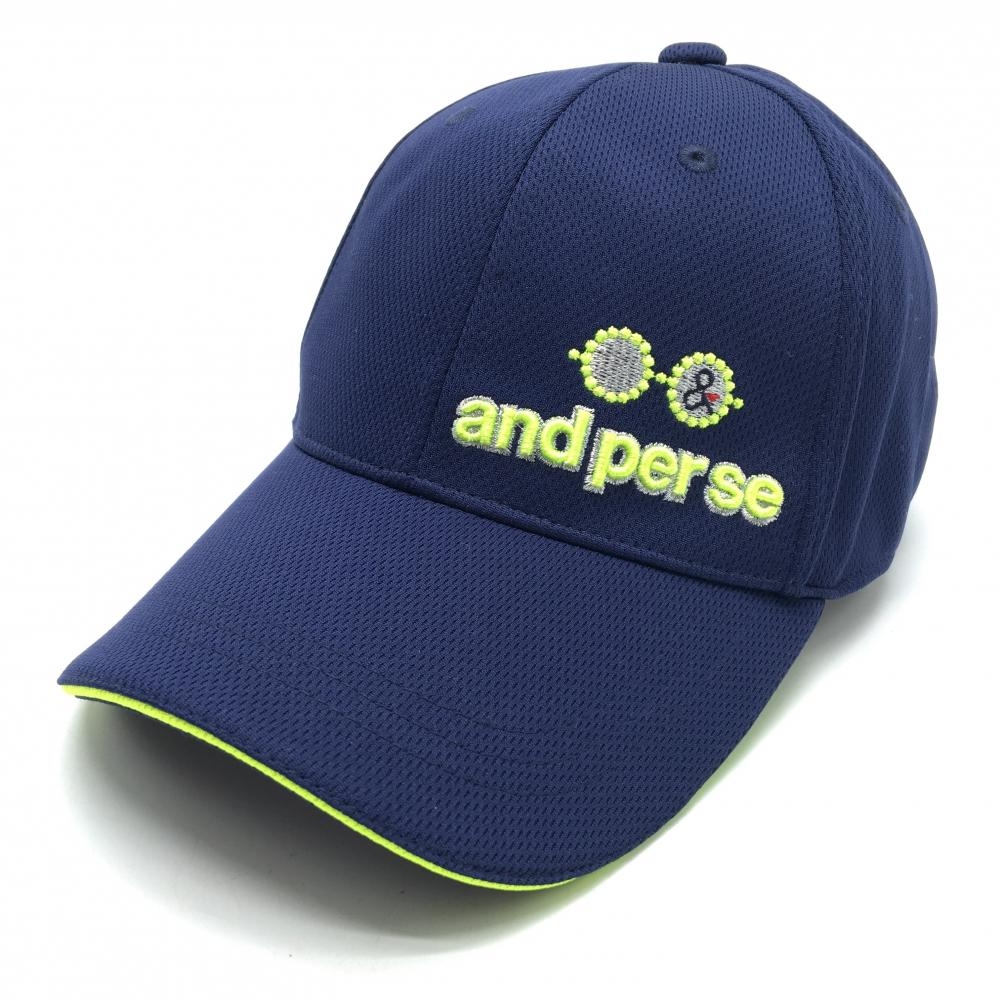 【新品】アンパスィ キャップ ネイビー×蛍光イエロー UVカット ウォッシャブル 立体ロゴ F   ゴルフウェア and per se