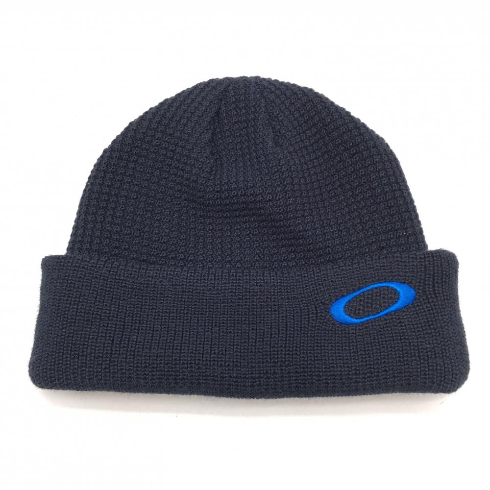 【超美品】オークリー ニット帽 ダークネイビー×ブルー 凸凹織 ロゴ刺しゅう ウール混   ゴルフウェア Oakley