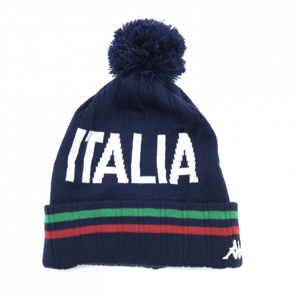 【超美品】カッパ ニット帽 ネイビー×白 ポンポン付 裏一部フリース Fフリーサイズ  ゴルフウェア Kappa