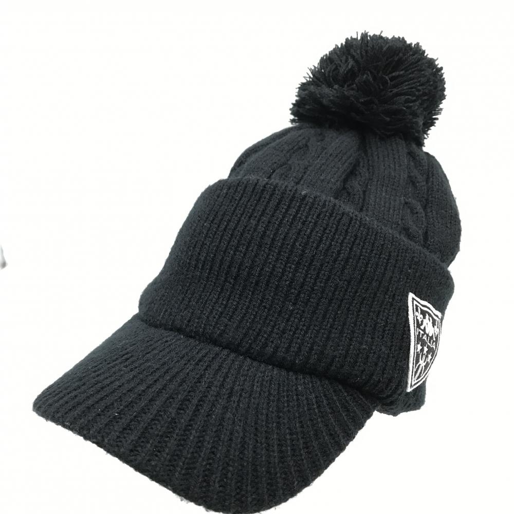 【美品】カッパ つば付ニット帽 黒 ケーブル編み ボンボン付 フリーサイズ  ゴルフウェア Kappa