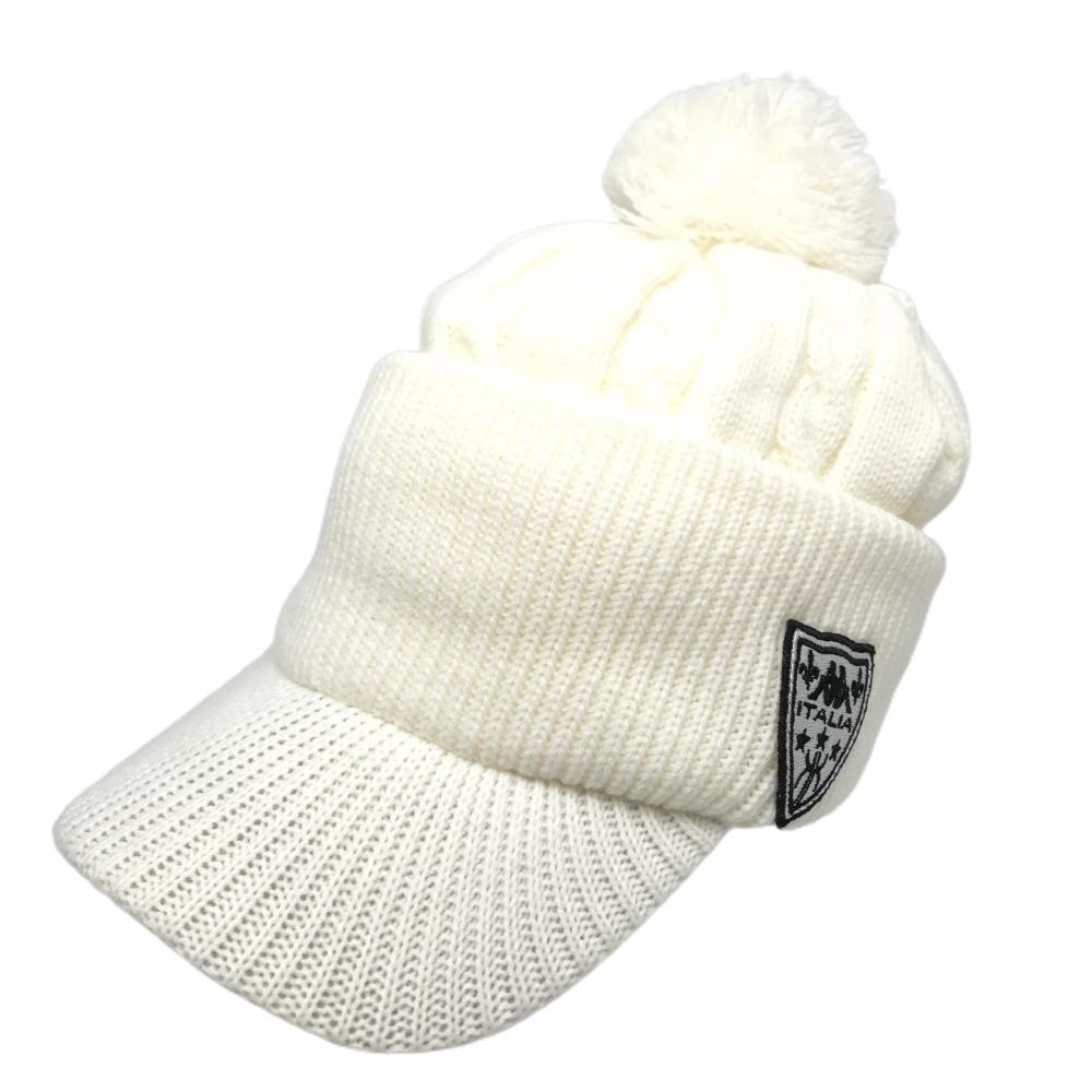 【美品】カッパ つば付ニット帽 白 ケーブル編み ボンボン付 F  ゴルフウェア Kappa