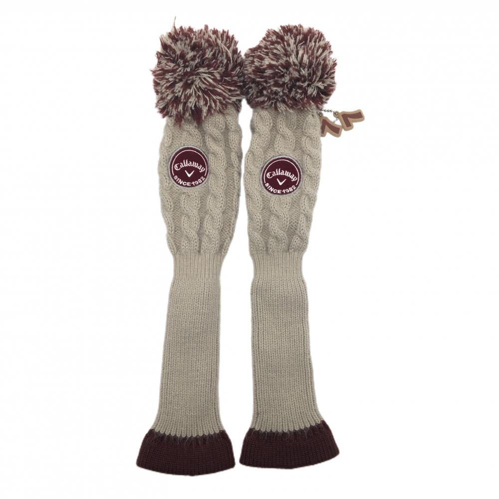 キャロウェイ ニットヘッドカバー2点セット(FW) グレージュ×ブラウン ボンボン付きゴルフ Callaway