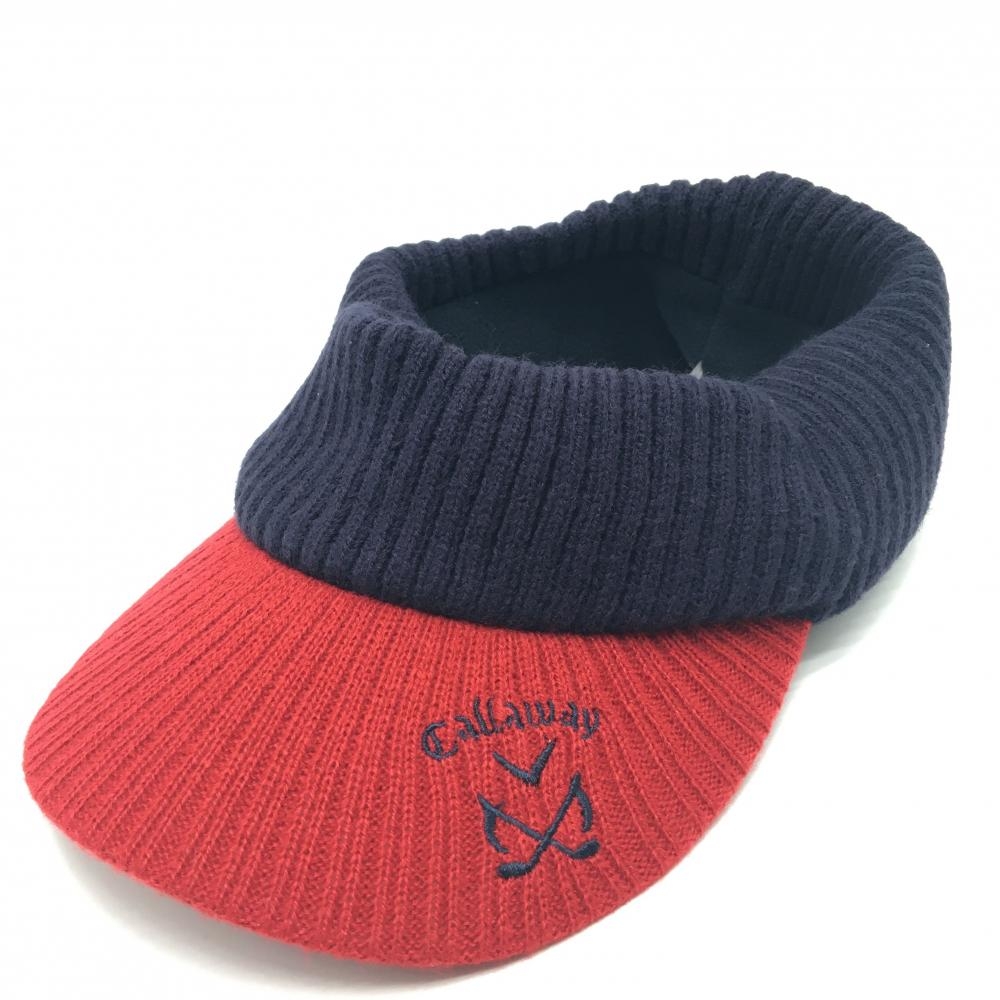 【美品】キャロウェイ ニットサンバイザー ネイビー×レッド ロゴ刺しゅう 裏微起毛 FR  ゴルフウェア Callaway