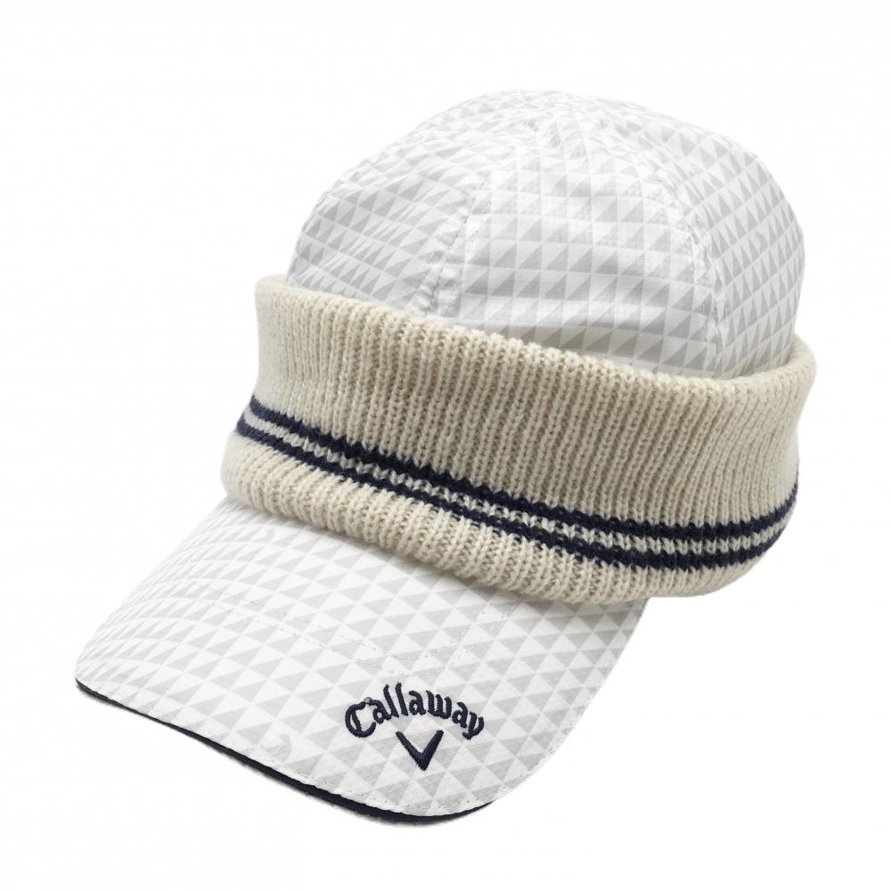 【美品】キャロウェイ 異素材つば付きニット帽 グレー×白×ベージュ 総柄 裏起毛 FR  ゴルフウェア Callaway