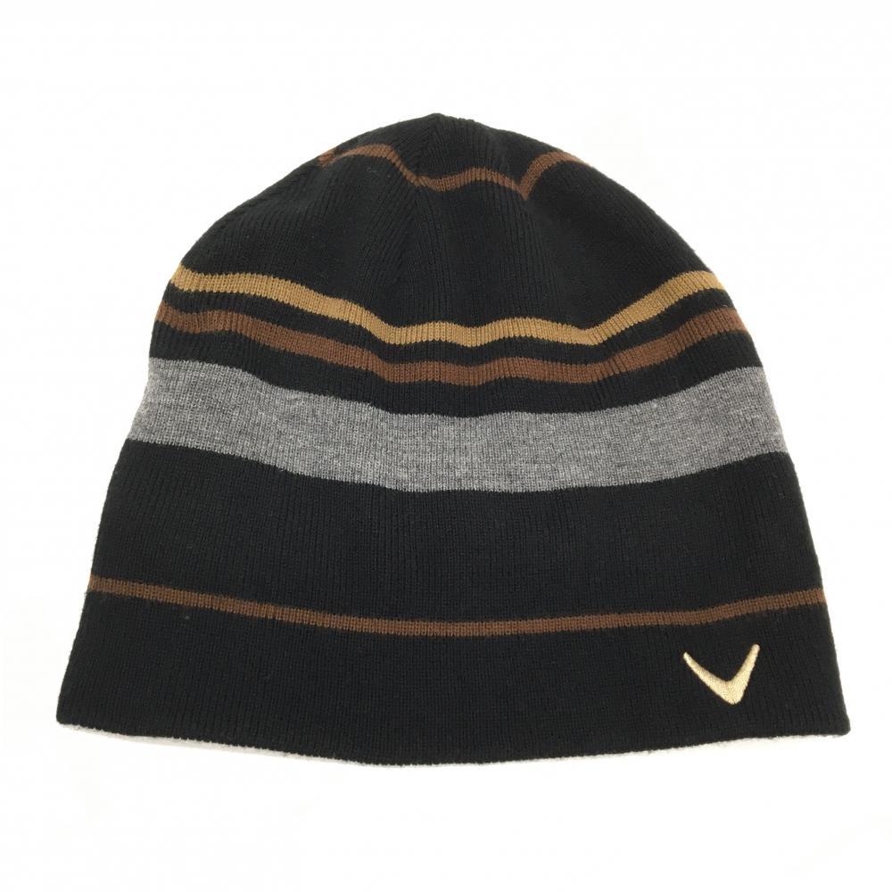 【超美品】キャロウェイ リバーシブルニット帽 黒×ブラウン ボーダー  ゴルフウェア Callaway