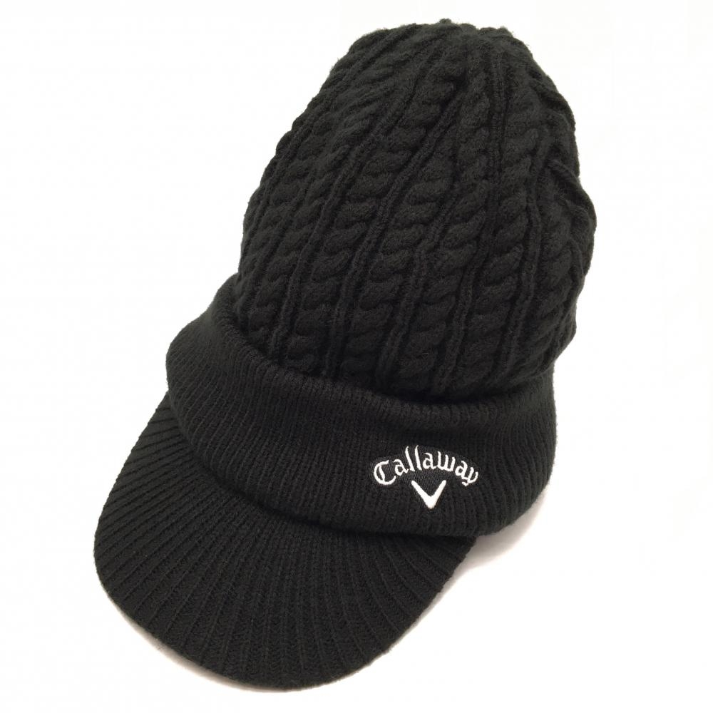 【超美品】キャロウェイ つば付ニット帽 黒×白 ケーブル編み 裏地フリース ロゴ刺しゅう  FR  ゴルフウェア 2023年モデル Callaway