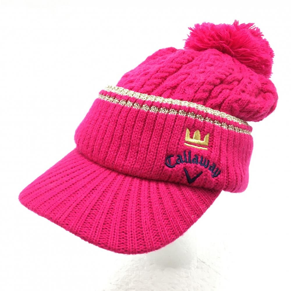 【美品】キャロウェイ つば付ニット帽 ピンク×ゴールド ケーブル編み ボンボン付 内側起毛 FR  ゴルフウェア Callaway