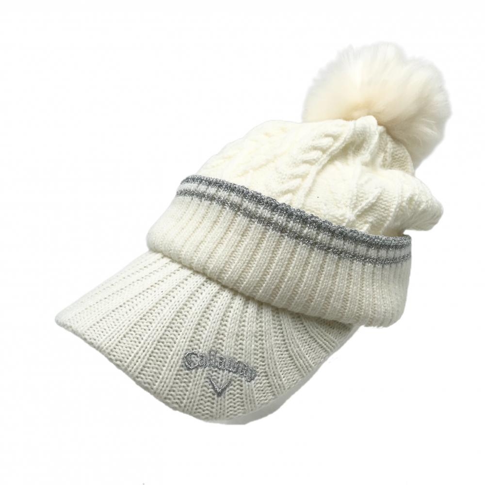 【超美品】キャロウェイ つば付きニット帽 白×シルバー ケーブル編み 裏起毛 ライン ボンボン付き FR  ゴルフウェア Callaway