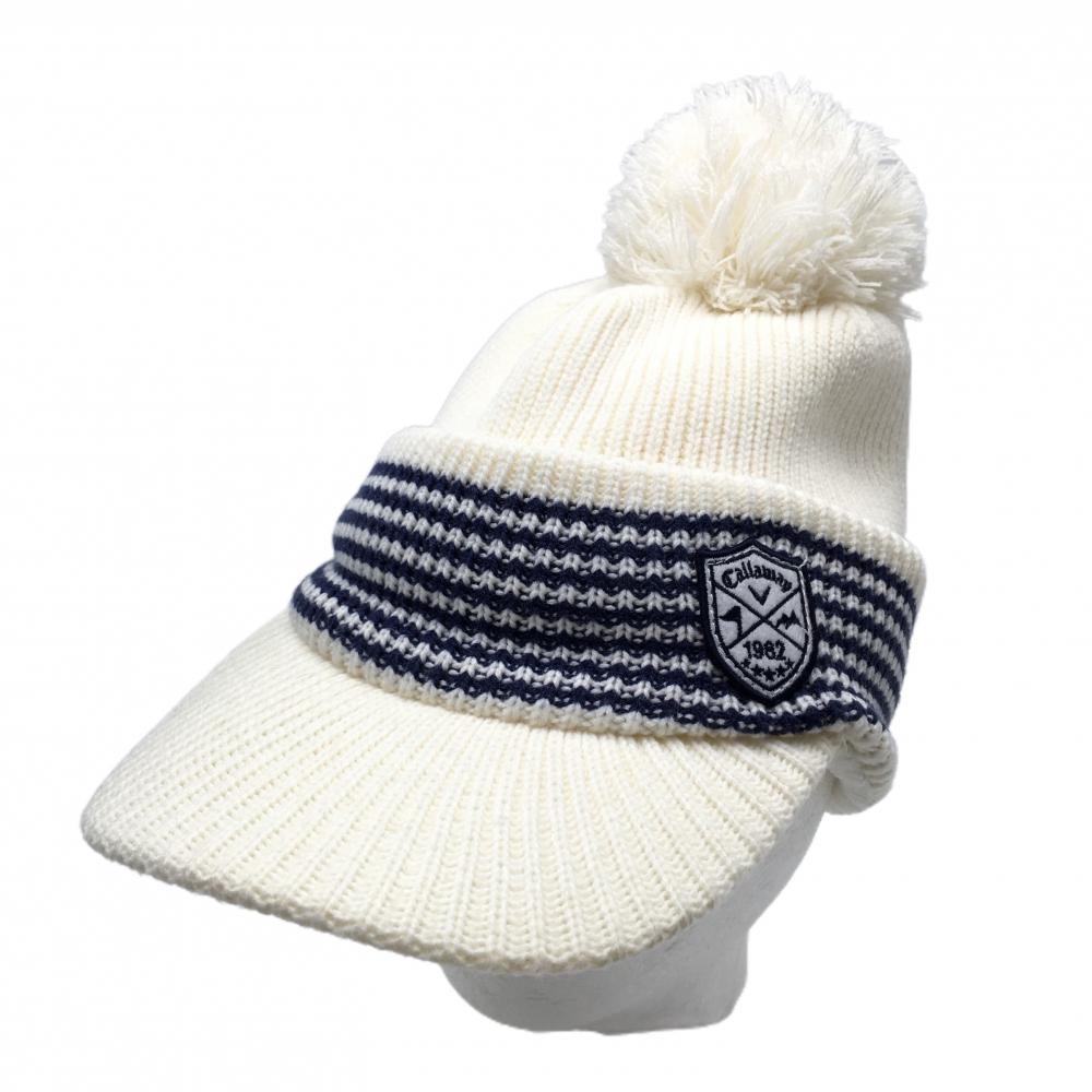 【超美品】キャロウェイ つば付きニット帽 アイボリー×ネイビー ボンボン付き ロゴワッペン 内側フリース FR  ゴルフウェア Callaway