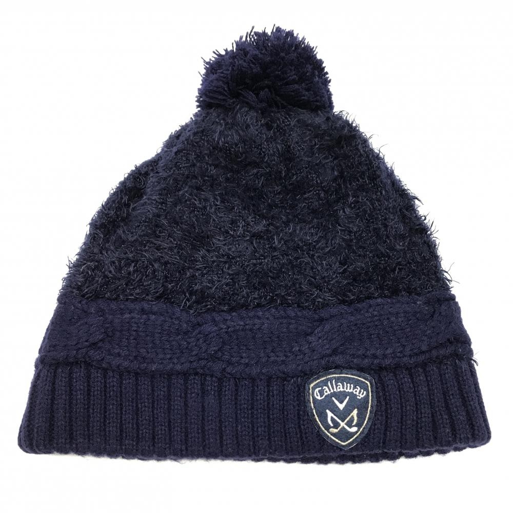 【超美品】キャロウェイ ニット帽 ネイビー ボンボン付き シャギーニット 裏フリース FR  ゴルフウェア Callaway