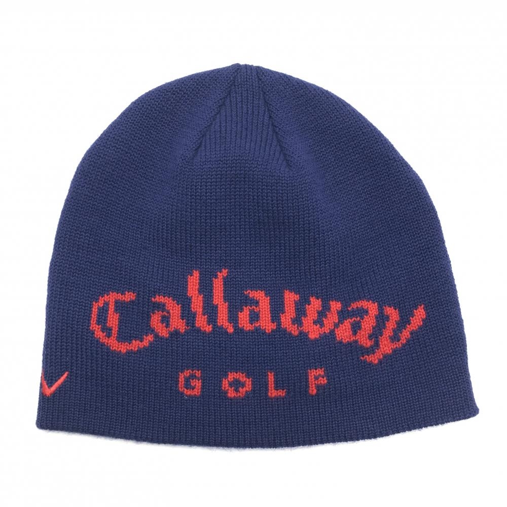 【美品】キャロウェイ ニット帽 ネイビー系×レッド フロントロゴ ウール100％  FR  ゴルフウェア Callaway