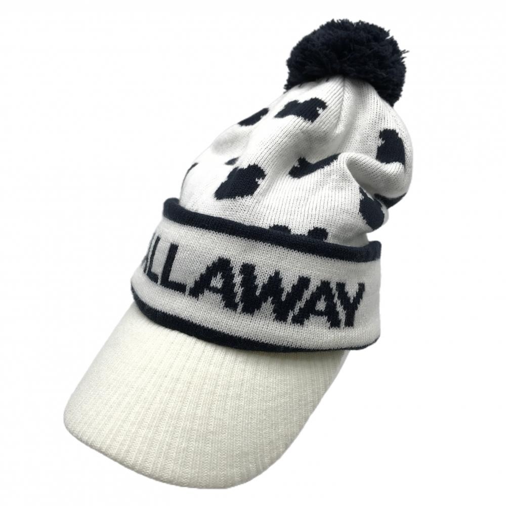 【美品】キャロウェイ つば付きニット帽 白×ネイビー クマロゴ  FR  ゴルフウェア Callaway