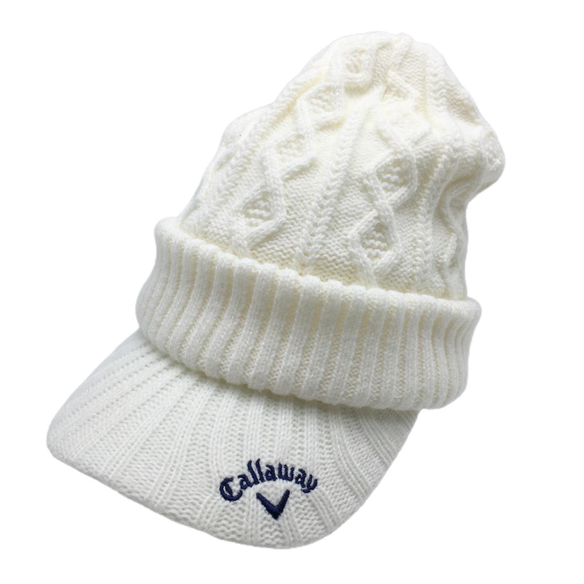 【美品】キャロウェイ つば付きニット帽 白 ロゴネイビー 内側フリース  FR  ゴルフウェア Callaway