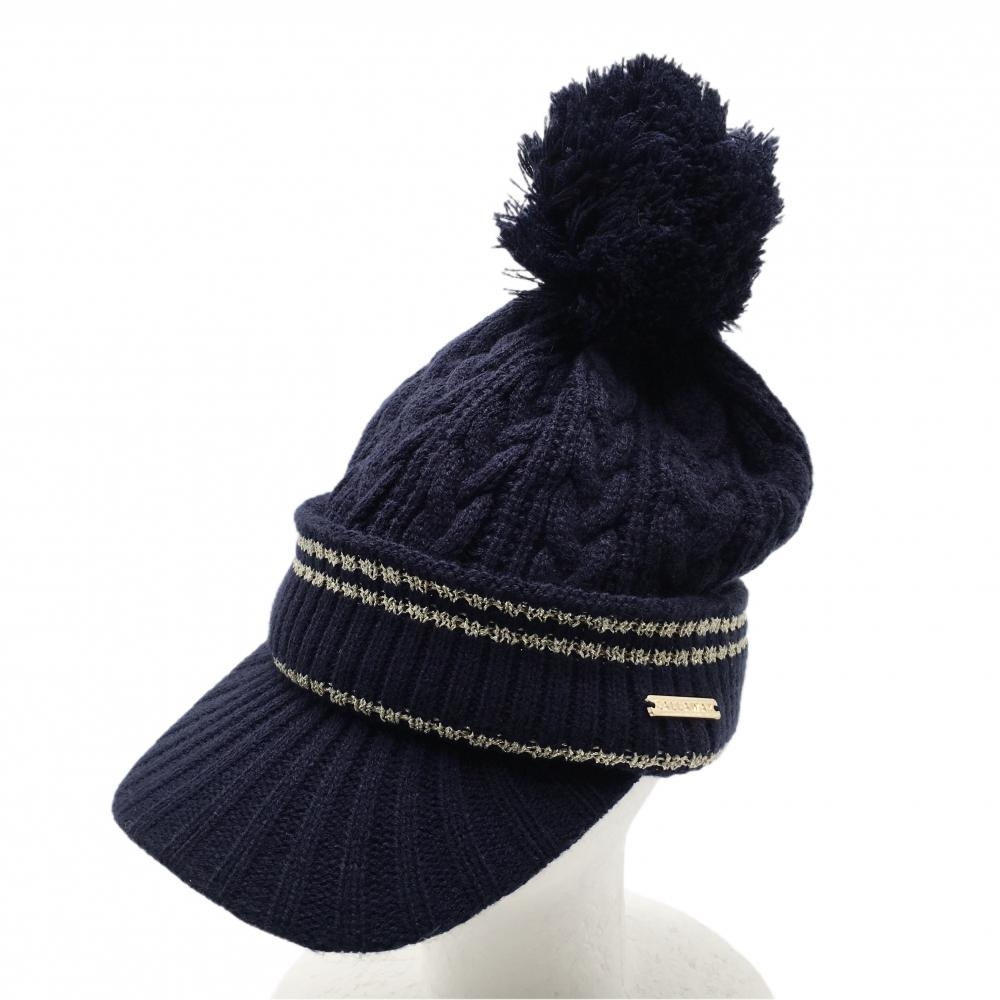 【超美品】キャロウェイ つば付ニット帽 ネイビー×ゴールド ケーブル編み ボンボン付 FR  ゴルフウェア Callaway