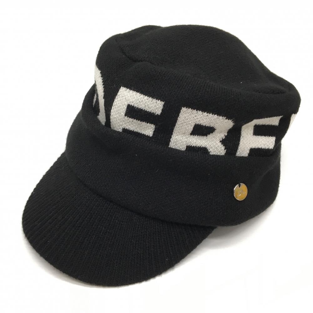 【美品】ジェイリンドバーグ ニットワークキャップ 黒×白 ウール混 ビッグロゴ 57～59cm  ゴルフウェア J．LINDEBERG