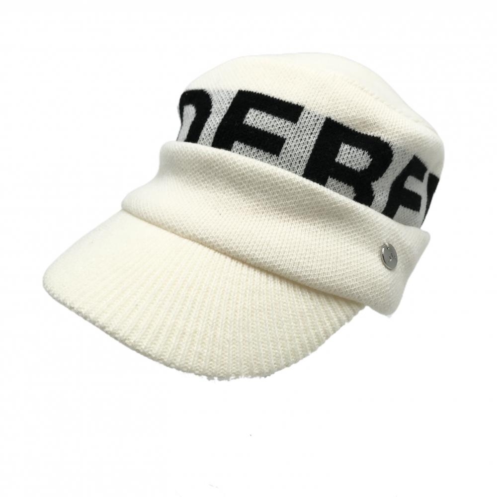 【美品】ジェイリンドバーグ ニットワークキャップ 白×黒 ウール混 ビッグロゴ 57-59cm  ゴルフウェア J．LINDEBERG