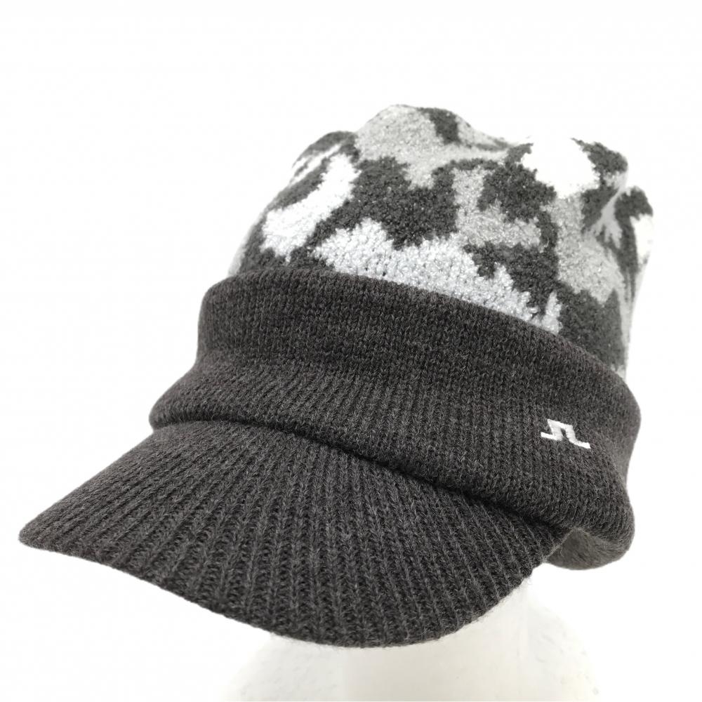 【超美品】ジェイリンドバーグ つば付ニット帽 ダークグレー×白 総柄編み ウール混 57-59cm  ゴルフウェア J．LINDEBERG