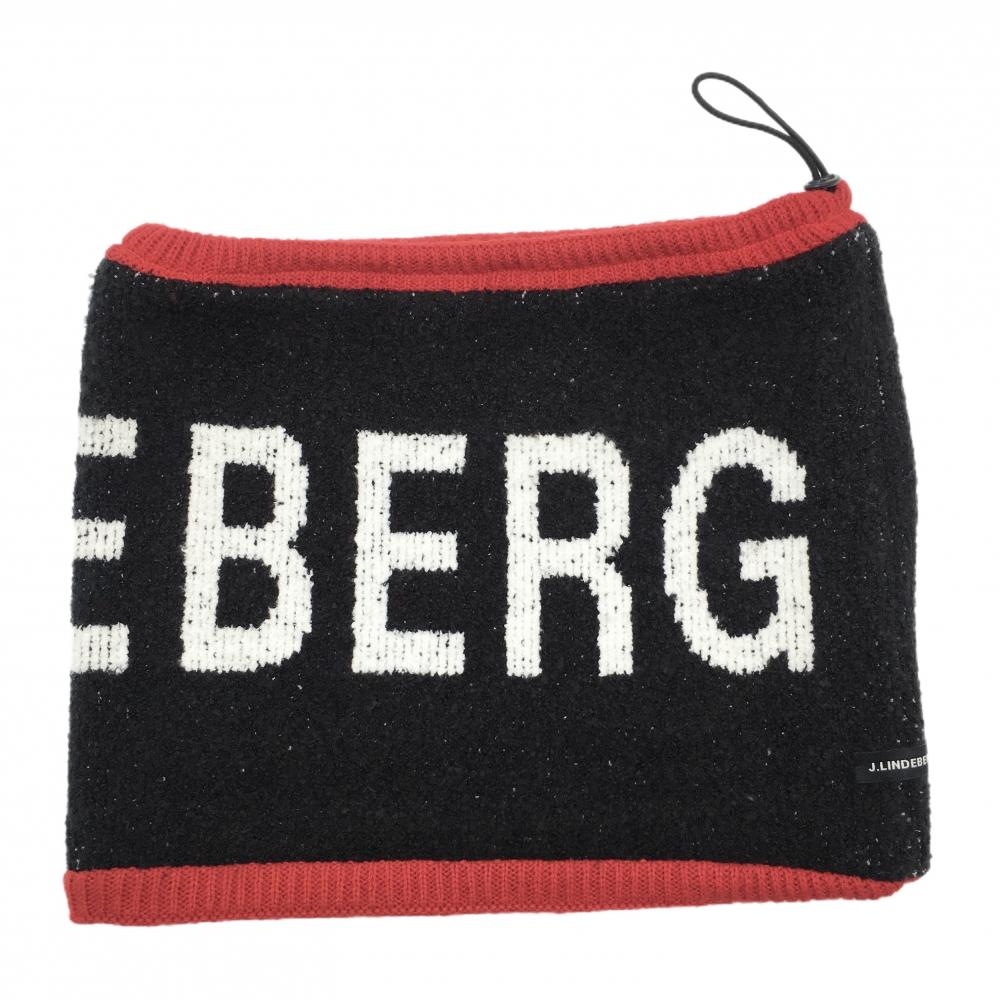 【美品】ジェイリンドバーグ リバーシブルネックウォーマー 黒×白×レッド ニット ビッグロゴ  ゴルフウェア J．LINDEBERG
