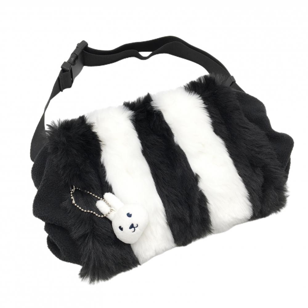 【美品】ジャックバニー ハンドウォーマー 黒×白 ボーダー フェイクファー 内側フリース ストラップ付き  ゴルフウェア Jack Bunny