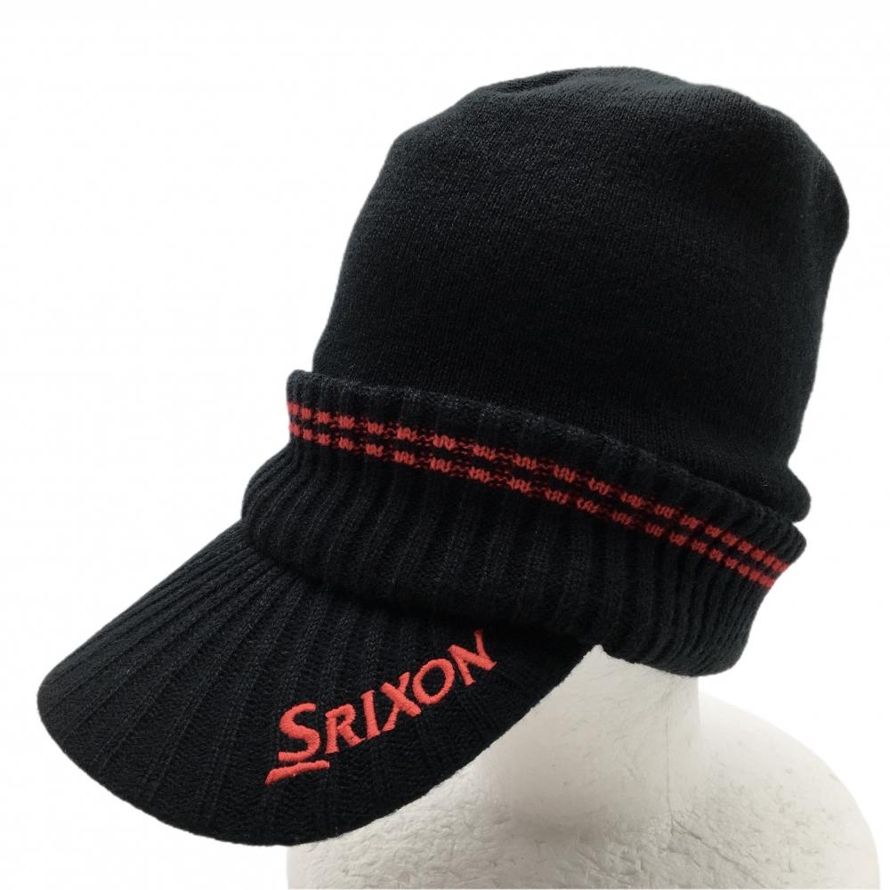 【超美品】スリクソンバイデサント つば付ニット帽 黒×レッド ロゴ刺しゅう F  ゴルフウェア SRIXON