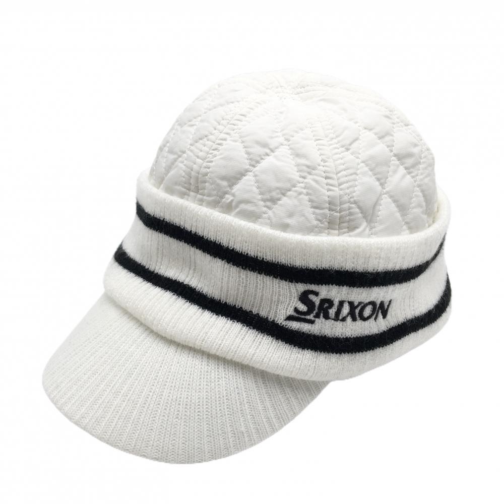 【美品】スリクソン つば付き中綿ニット帽 白×黒 ロゴ刺しゅう 裏微起毛 フリーサイズ(頭囲56cm-60cm)  ゴルフウェア SRIXON