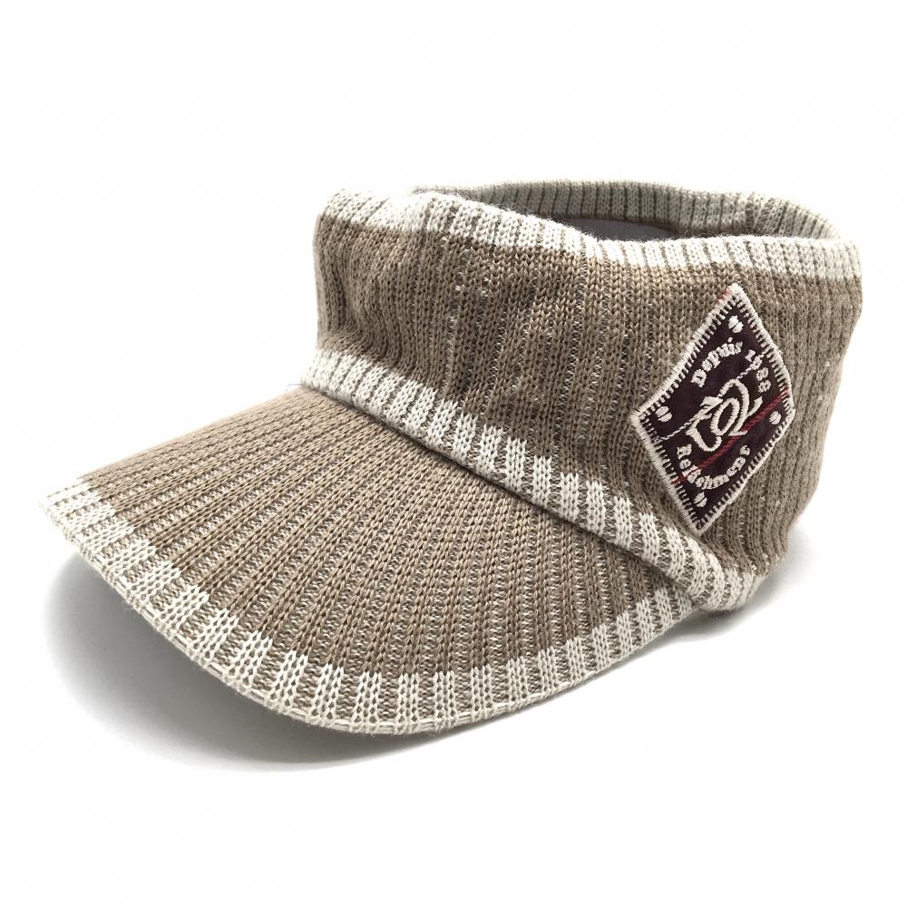 【美品】ゾーイ ニットサンバイザー グレージュ×グレー ロゴ刺しゅう ウール混  F  ゴルフウェア ZOY