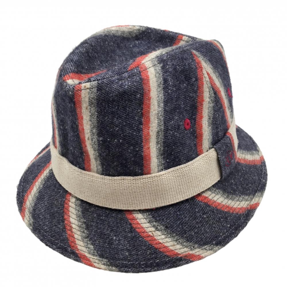 【美品】ゾーイ 中折れハット ネイビー×白 ストライプ調  F  ゴルフウェア ZOY