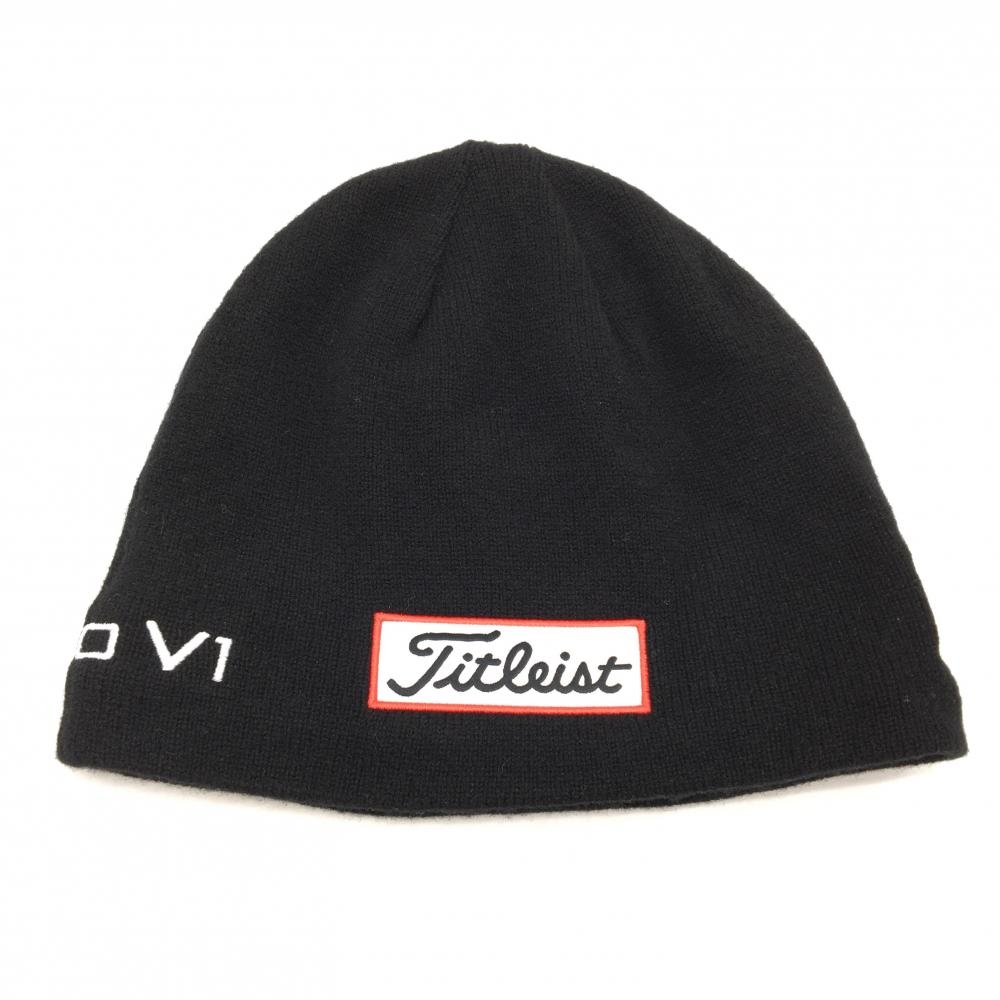 【美品】タイトリスト ニット帽 黒×白 ロゴ刺しゅう 裏地有り メリノウール100％ フリー(57～59cm)  ゴルフウェア TITLEIST