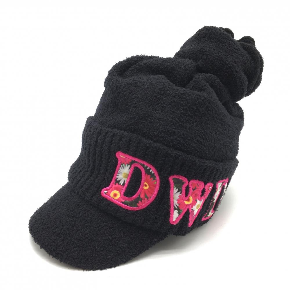 【美品】ダンスウィズドラゴン つば付きニット帽 黒×ピンク ロゴワッペン 99(F)  ゴルフウェア Dance With Dragon